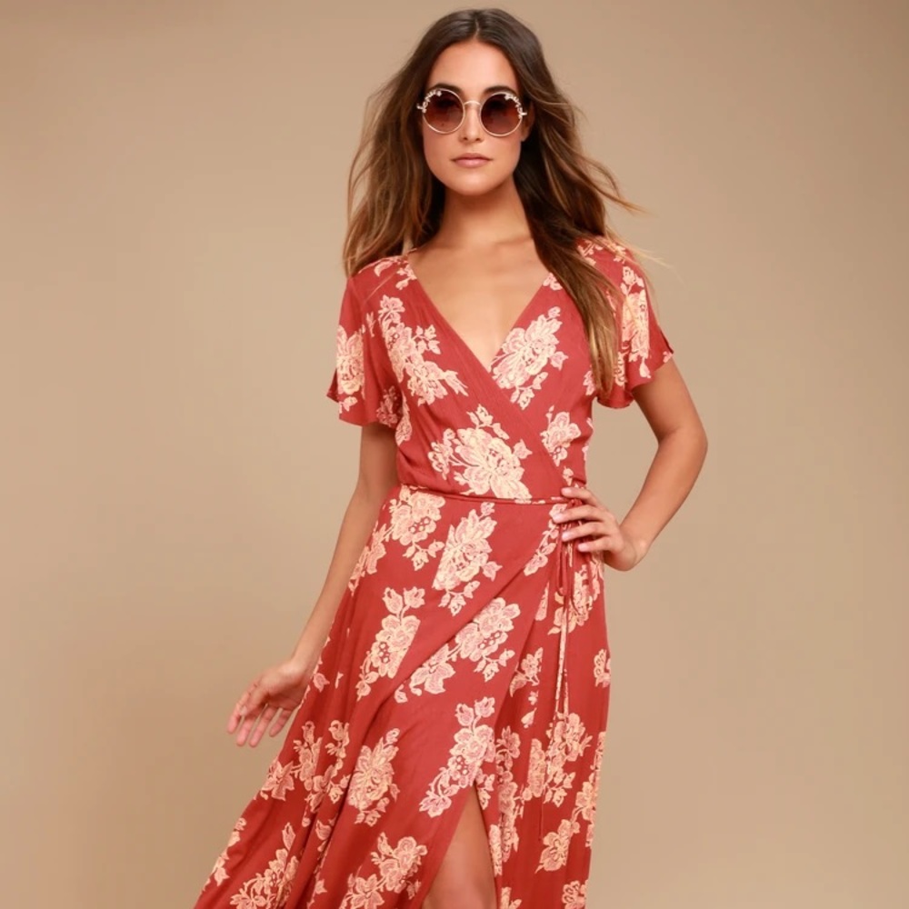 Heart of Marigold Rust Red Floral Print Wrap Maxi Dress size med - WORN ONCE